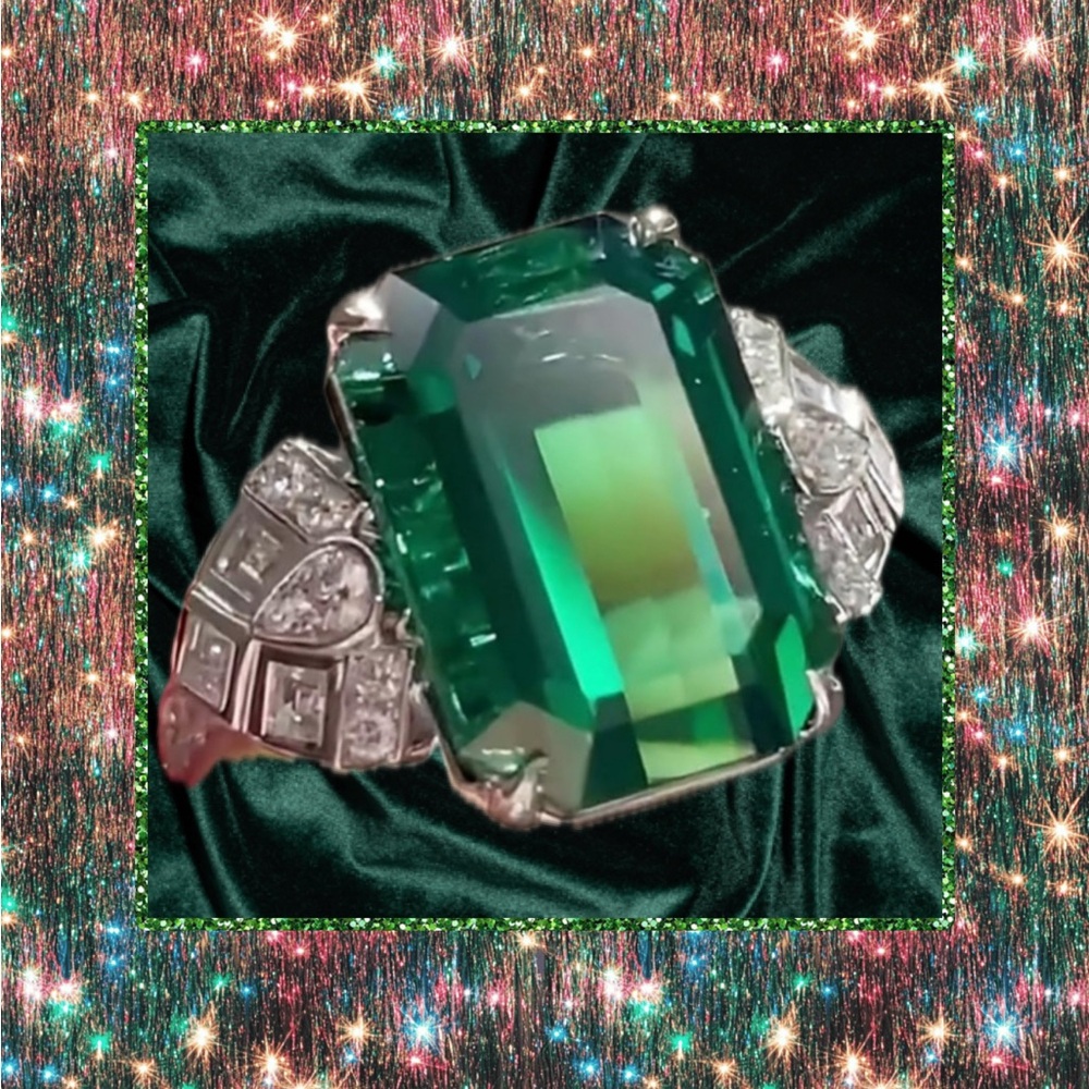 Emerald Green Art Deco Cocktail AAAAA Rhinestone Sterling Silver Ring By Affinny